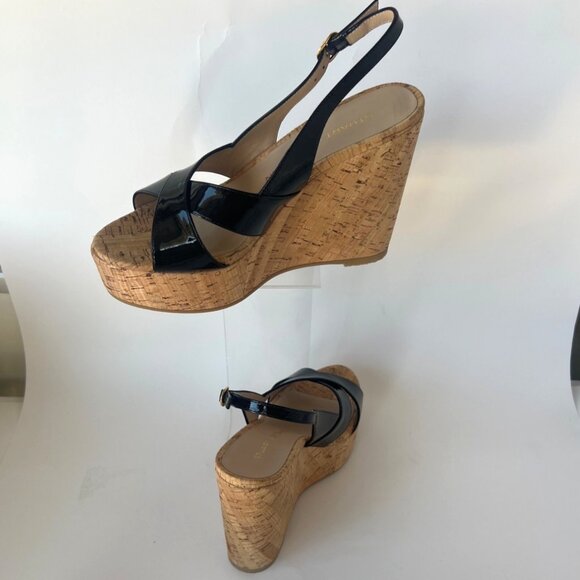 Stuart Weitzman Dayna Wedge Sandals Black Patent Leather Size 37 US6.5B - Picture 2 of 13
